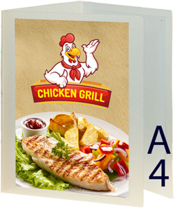 Menükarte, Speisekarte Poly A4 Weiß transparent mit 6 Einschubseiten. Menükarte, Speisekarte Poly A4 Weiß transparent mit 6 Einschubseiten.