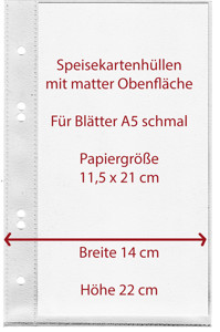 Speisekartenhüllen Innenhüllen DIN A5 schmal stark 120µm raue Oberfläche Speisekartenhüllen Innenhüllen DIN A5 schmal stark 120µm raue Oberfläche
