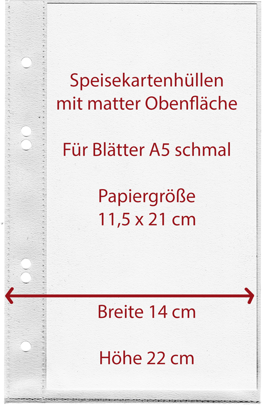 Speisekartenhüllen Innenhüllen DIN A5 schmal stark 120µm raue Oberfläche